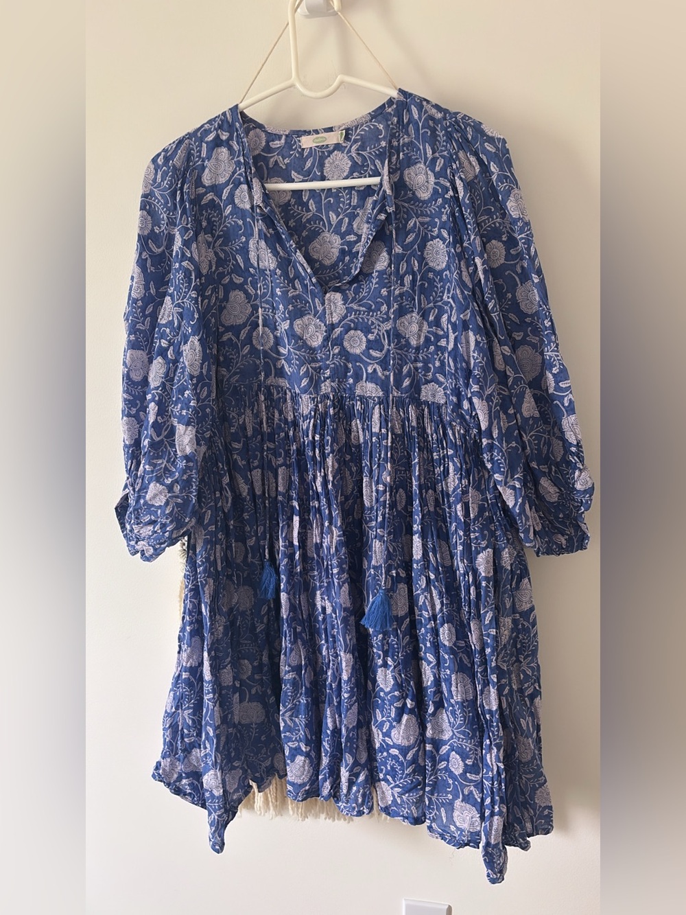 Dolma Raya Cotton Blue Floral Midi Dress With Tassels Boho Cottagecore Large